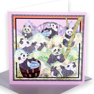pink happy pandas greetings card #colour_panda-pink