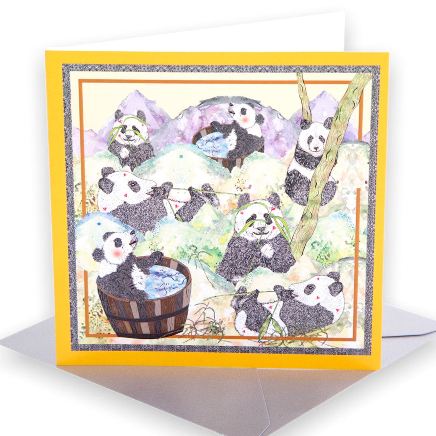 yellow happy pandas greetings card #colour_panda-yellow
