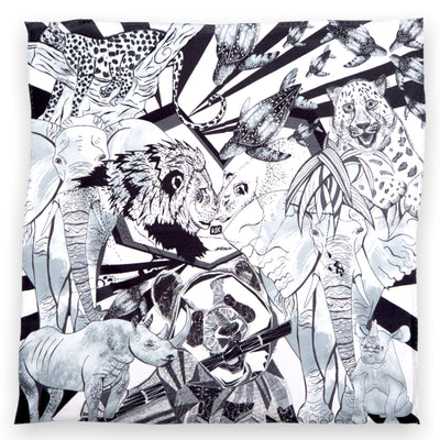 black white wildlife elephants, lions, rhinos silk pocket square #material_silk-satin
